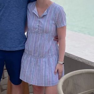 Madewell Striped Crewneck Button-Front Tiered Mini Dress